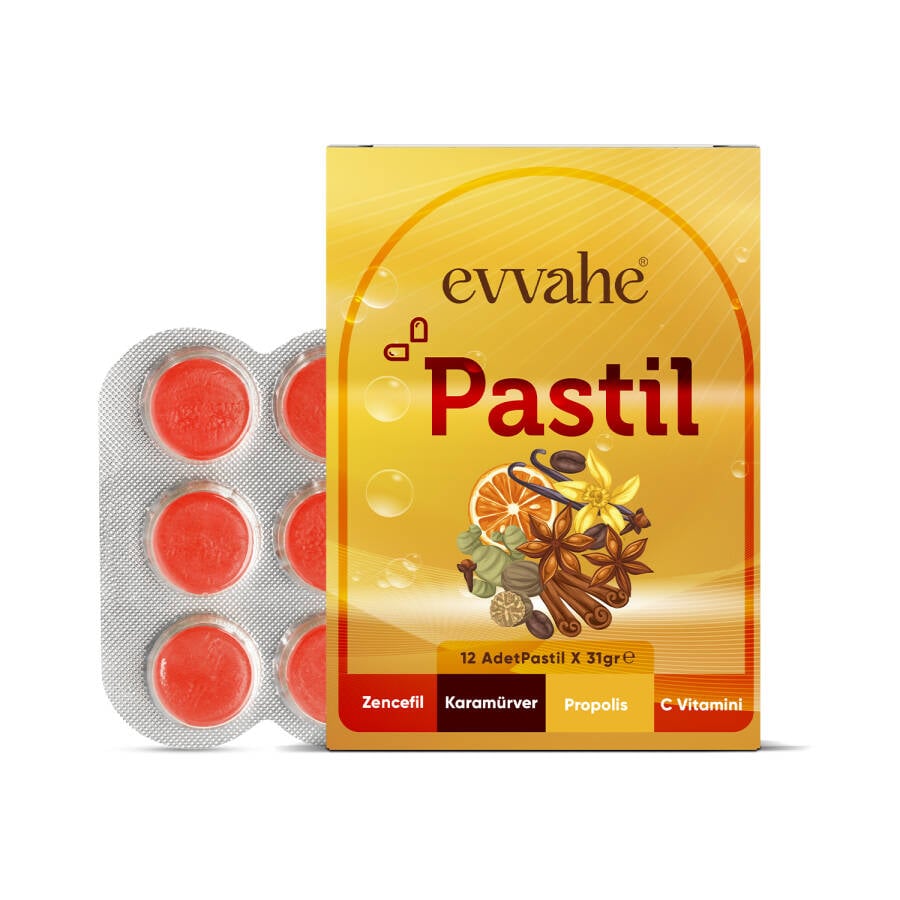 Evvahe Doğal Pastil 12 adet (Zencefil, Karamürver, Propolis, C vitamini İçeren Pastil Takviye Edici Gıda)